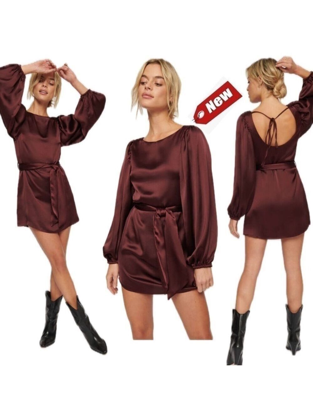 Black Tape deep burgundy satin puff sleeve short self-tie dress Sz XS NWT